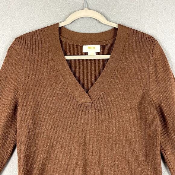 Anthropologie Maeve Thea Sweater Womens Large Brown Metallic Ribbed V Neck - Picture 4 of 16